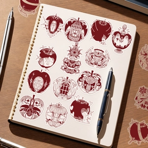 Detail of red gothic apple PET stickers on a white notebook with artistic studio tools