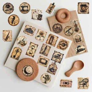 Macro shot of 50 vintage waterproof PET stickers featuring retro rose and train motifs