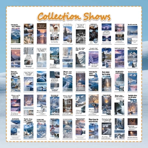 Detailed collection of 50 winter landscape stickers featuring snow scenes and aurora designs