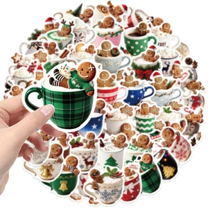 Close-up of cute gingerbread man coffee stickers for festive Christmas party decorations