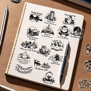 Autocollants de Noël en PET noir et blanc avec motifs festifs sur un bureau en bois