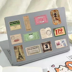 Retro vintage graffiti stickers set on a silver laptop with Eiffel Tower and ticket designs