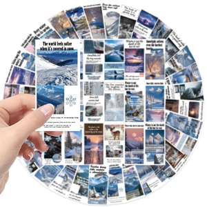 Close-up of winter landscape stickers featuring snow mountains and artistic nature scenes