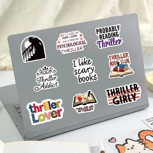 Pack of thriller book themed waterproof stickers on laptop for DIY decoration