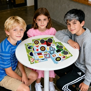 Cartoon farm and construction vehicle stickers set with children playing at a table
