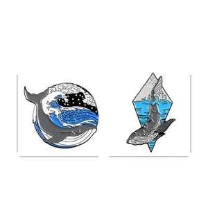 Detailed wave and whale enamel pins in eco-friendly alloy for ocean style fashion accessories