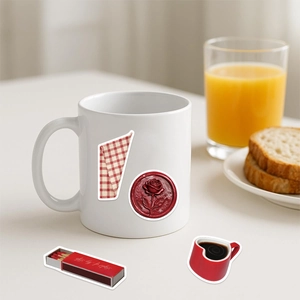 Creative Y2K aesthetic stickers applied on a white ceramic mug in a breakfast setting