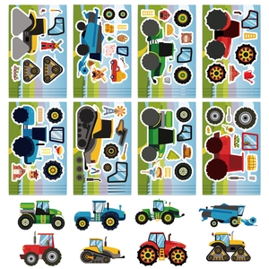 DIY construction vehicle stickers set for kids featuring 8 cartoon farm tractor designs