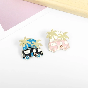 Cartoon camper van and coconut tree enamel pin badges with creative summer vacation design