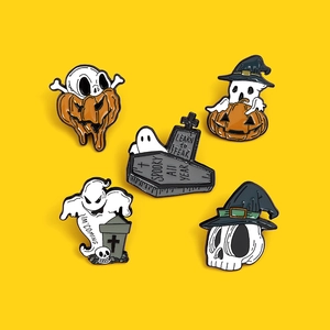 Detailed macro view of 5 Halloween enamel pins set featuring pumpkins and ghosts