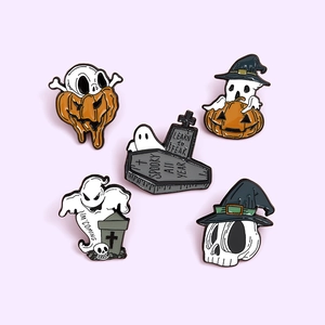 Five-piece Halloween enamel pin set with ghost, pumpkin, and skull motifs in zinc alloy