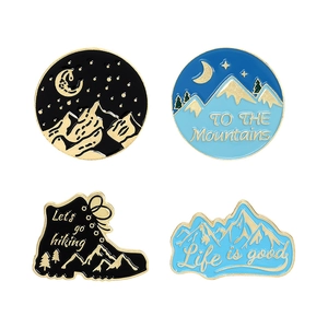 Hiking mountain adventure enamel pin set with moon and forest designs for backpacks