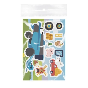 Detailed farm theme sticker set featuring blue tractor and cute animals in packaging