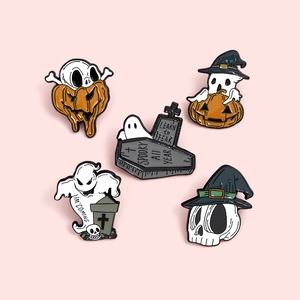 Creative Halloween enamel pin set with spooky pumpkin ghost and skull badge designs
