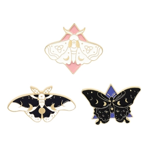 Three-piece butterfly and moth enamel pin set with celestial moon and star elements