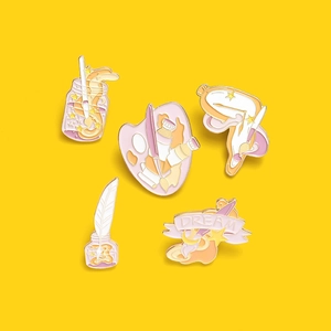 Five-piece art theme enamel pin set with palette, brush, melting clock and dream ribbon
