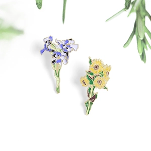 Artistic Van Gogh sunflower and purple iris enamel brooch pins in gold-plated metal