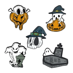 5pcs Halloween enamel pin set with ghost, skull and pumpkin motifs on white background