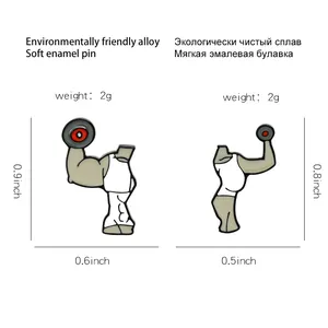 Detailed size chart for fitness pins showing dimensions, weight and enamel material info