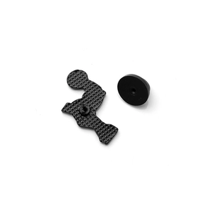 Black enamel cartoon weightlifting figure brooch with durable rubber pin back closure