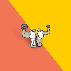 Creative fitness couple enamel pins set featuring cartoon weightlifting gym characters