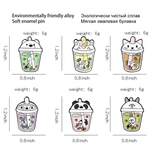 Cartoon animal bubble tea enamel pins featuring bear cat and panda designs set