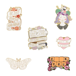 Set of 6 artistic enamel pins featuring inspirational quotes and creative girl illustrations