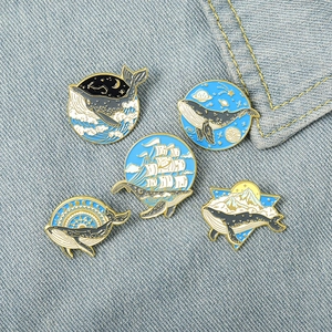 Creative Whale Enamel Brooch Alloy Starry Sky Moon Wave Pin Badge Cartoon Artistic Marine Animal Jewelry For Women Men