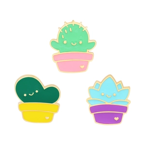 Three-piece cute cartoon succulent cactus enamel pins set with smiling face designs