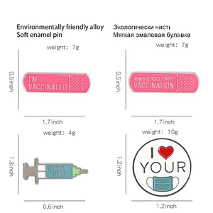 Creative medical enamel pins with syringe and mask designs on white background