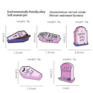 Size chart showing dimensions and weight for pink punk coffin and tombstone enamel pins