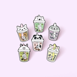 Set of 6 creative enamel pins featuring cute cartoon animals in bubble tea cups