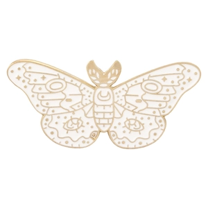 Broche papillon en émail blanc avec contour doré et symbole lunaire vintage