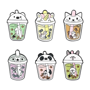 Set of 6 cute cartoon animal and bubble tea enamel pins featuring panda and bear