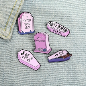 Pink Gothic Enamel Brooch Pin Coffin Tombstone Punk Badge For Clothing Backpack Hat Decor Jewelry Gift For Women Men Teens