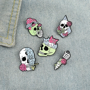 Gothic Enamel Pin Alloy Skull Flower Brooch Badge Skeleton Rose Mushroom Cat Dagger Jewelry Accessory For Clothing Backpack
