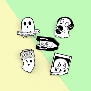 Set of five cartoon ghost enamel pins featuring a music theme and motivational quotes