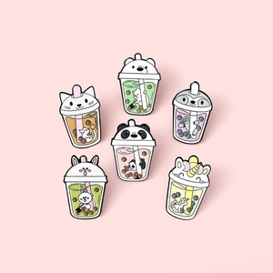 Set of 6 cute animal bubble tea enamel pins featuring cat, panda, and rabbit designs
