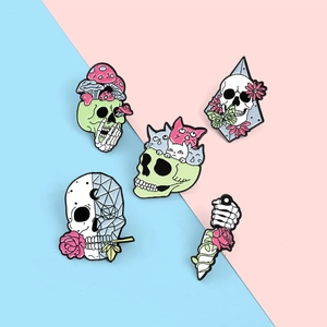 Set of 5 enamel lapel pins with gothic skulls, colorful mushrooms, and floral roses