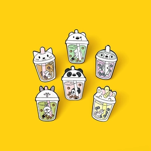 Set of six cute cartoon animal bubble tea enamel pins featuring cat panda and unicorn