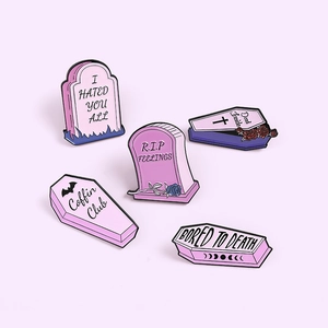 Five-piece set of pink punk gothic enamel pins with tombstone and coffin motifs