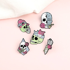 Detailed set of 5 gothic enamel pins featuring skull, cat, floral, and mushroom designs