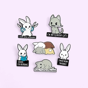 Set of 6 cute cartoon animal enamel pins with humorous quotes on a purple background