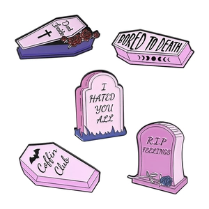 Pink punk gothic coffin and tombstone enamel pin set with roses and bats designs