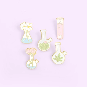 5-piece set of cartoon laboratory beaker enamel pins with creative floral and leaf designs