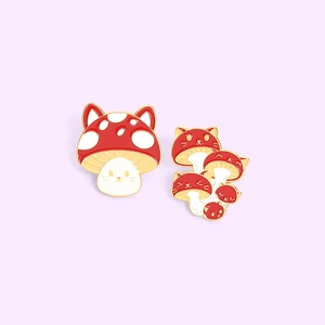 Cute red mushroom cat enamel brooch pins with gold metal outlines in cartoon style