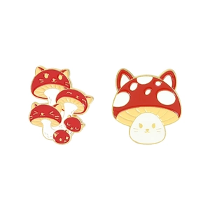 Cute red mushroom cat enamel pins set made of golden alloy for bags and shirts