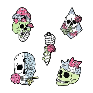 5-piece pastel skull enamel pin set featuring mushrooms, roses, cats and daggers