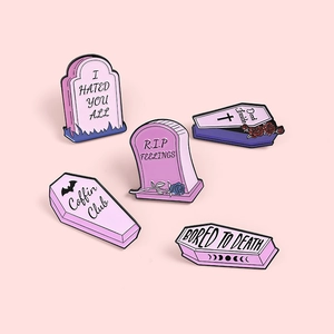 5-piece set of pink gothic enamel pins featuring coffin and tombstone shapes