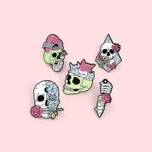 Gothic cartoon skull and rose enamel pins set with colorful mushrooms and cat designs